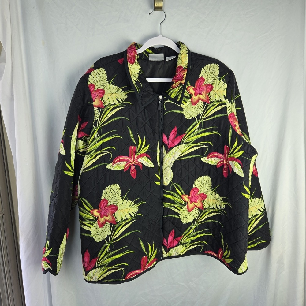 Vintage 90s BLAIR Silk Tropical Black Floral Quilted Jacket Womens 2XL Whimsy